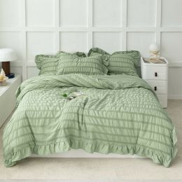 4 Season Seersucker Comforter Set Soft Breathable Ruffle Bedding Set 2/3 Pieces (Color: Green, size: QUEEN)
