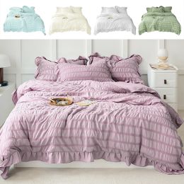 4 Season Seersucker Comforter Set Soft Breathable Ruffle Bedding Set 2/3 Pieces (Color: Purple, size: Twin)